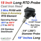 RTD Probe with Cast Iron Connection Head 18" Long 1/4" Diameter