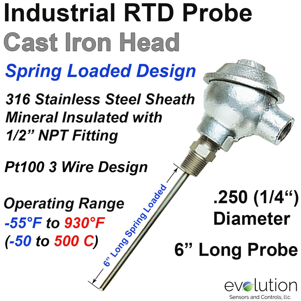 RTD Probe Spring Loaded 1/2" NPT Fitting and Connection Head - 6" Long