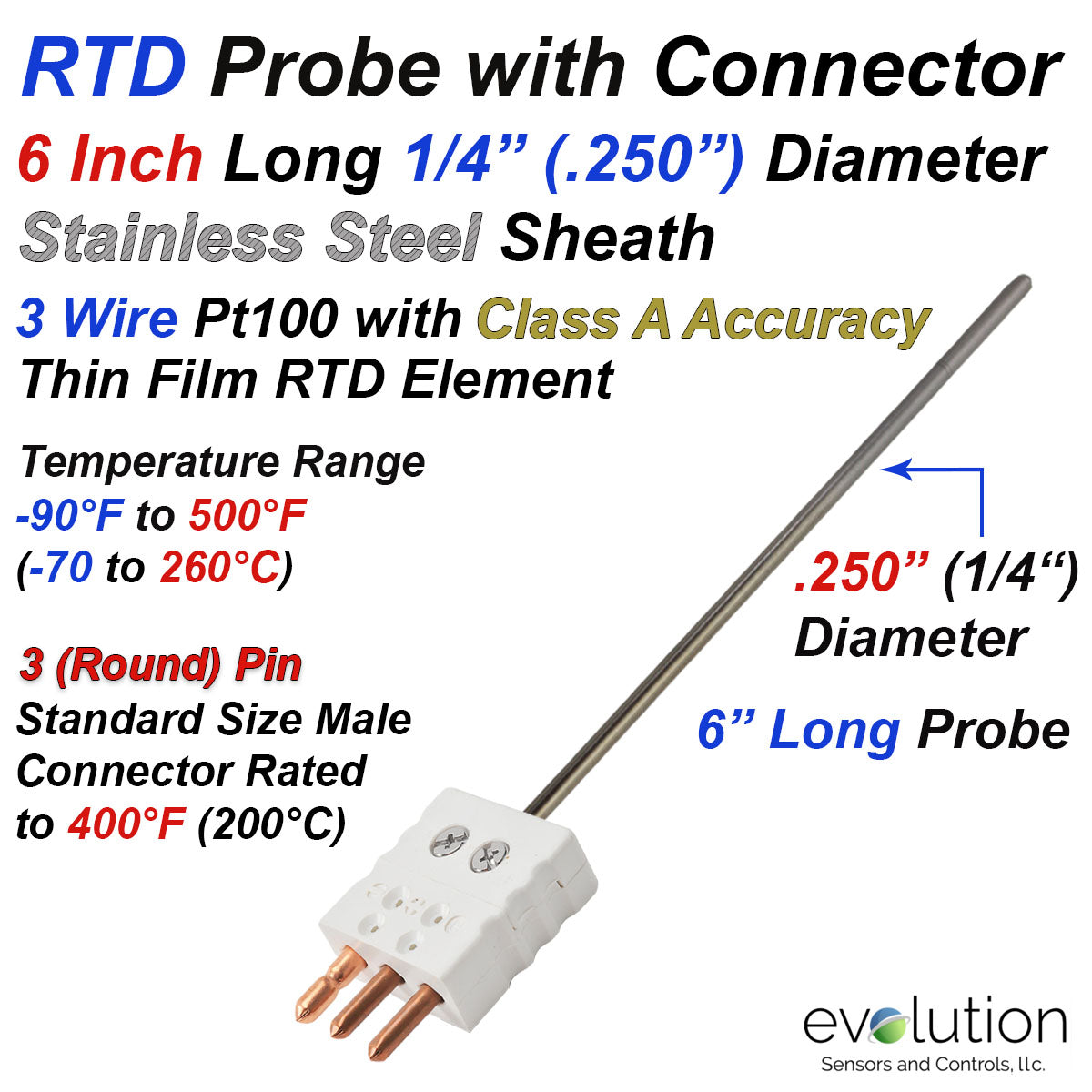 Rtd Size RTD Probe with 3 Pin Standard Size Male Connector 6 Inches Long ...