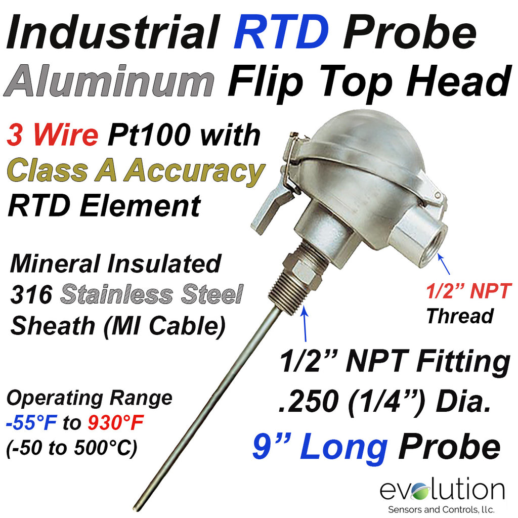 RTD Probe - Industrial Aluminum Flip Top Connection Head 9" Long 1/4" Diameter