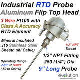 RTD Probe - Industrial Aluminum Flip Top Connection Head 9" Long 1/4" Diameter