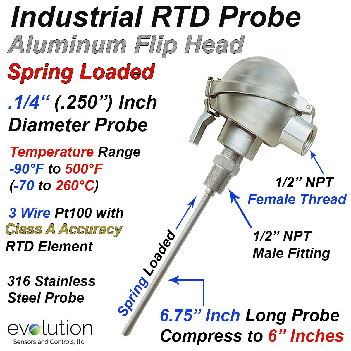 Industrial RTD - Spring Loaded with Aluminum Flip Top Connection Head - 6  Inch Long 1/4