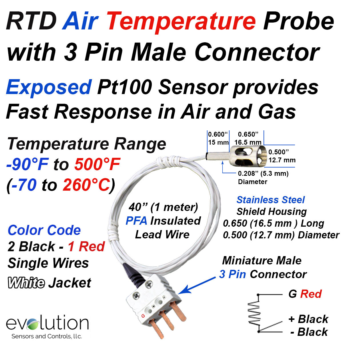 Comprensión Apto el plastico RTD Pt100 Air Flow Temperature Sensor for Gas, Air Compressors, HVAC, Labs  | Evolution Sensors and Controls