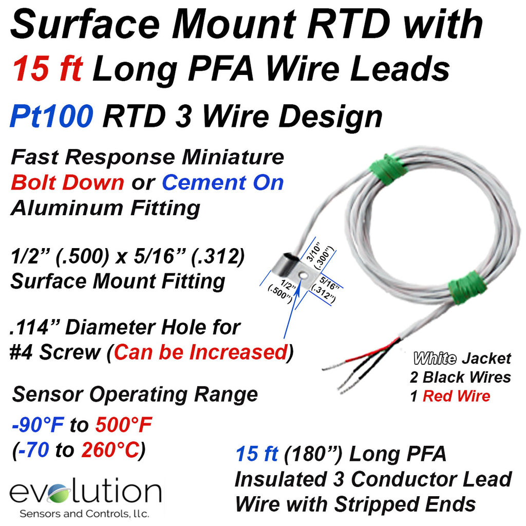 Surface RTD 3 Wire Pt100 Miniature Bolt On Design with15ft Wire Leads