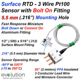 Surface RTD Temperature Sensor - 3 Wire Pt100 with Miniature Bolt Down - Cement On Fitting with 80 inches (2 meters) of PFA Lead Wire and Connector