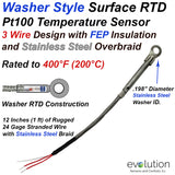 .198" Washer ID RTD Surface Temperature Sensor - 3 Wire Pt100 with 12 inches of Stainless Steel Braid Wire Leads