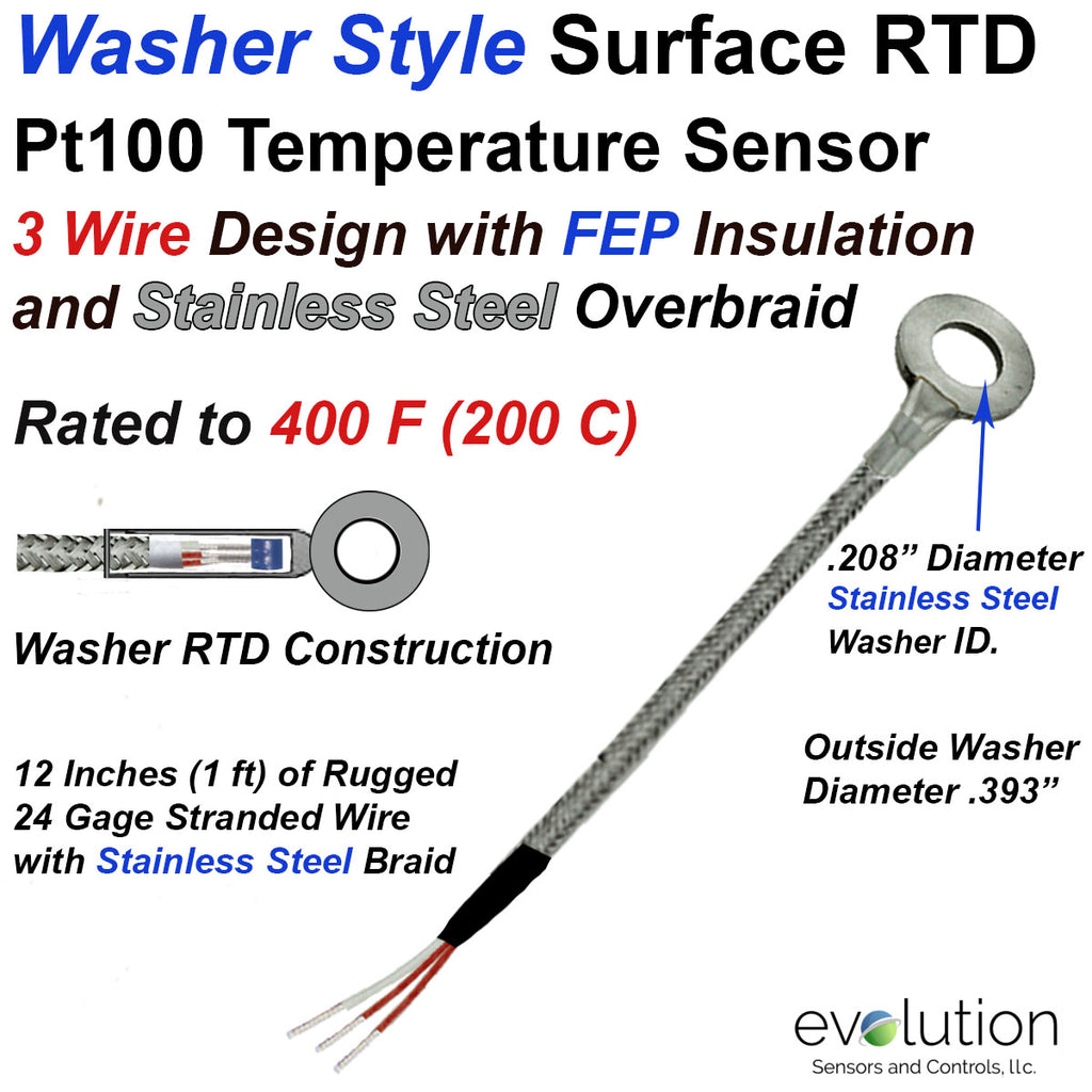 Washer RTD 3 Wire Pt100 with 12 inches of Stainless Steel Braid Leads