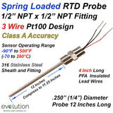 Spring Loaded RTD with 1/2" NPT Fitting and Lead Wire 12 inch Long 1/4" Diameter