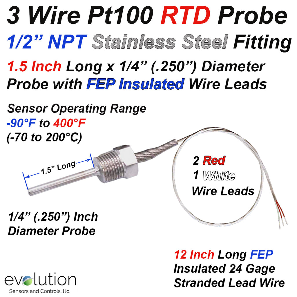 RTD Probe with 1/2" NPT Fitting and 12 inches of FEP Insulated Wire