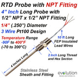 3 Wire RTD Probe 4" Long with 1/2" x 1/2" NPT Fitting and Wire Leads