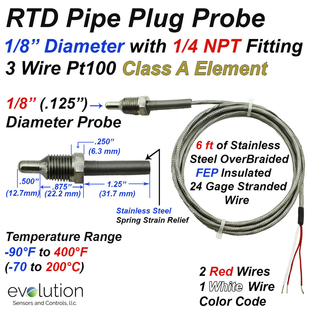 RTD Pipe Plug Probe 1/8" Diameter x 1/2" Long with 1/4 NPT Fitting