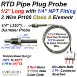 RTD Pipe Plug Probe with NPT Fitting and Miniature 3 Pin Connector