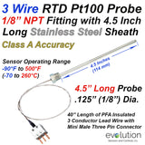 RTD Probe 1/8" NPT Fitting - 4.5" Long x 1/8" Dia. with Lead Wire and Connector