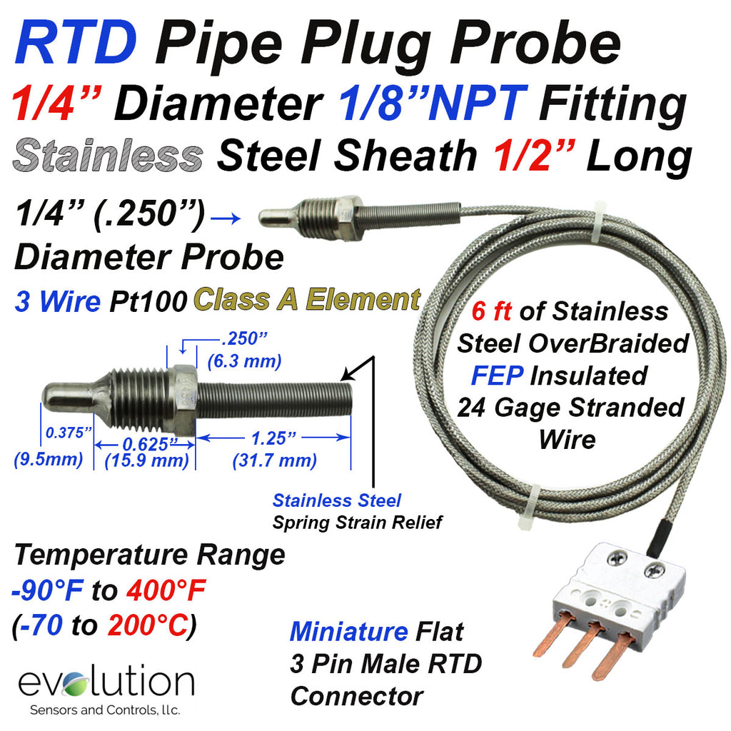 Pipe Probe RTD Pipe Plug Probe 1/8 NPT Fitting 1/4