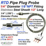 RTD Pipe Plug Probe 1/8 NPT Fitting 1/4" Probe and 6ft of Lead WIre  and 3 Pin Connector