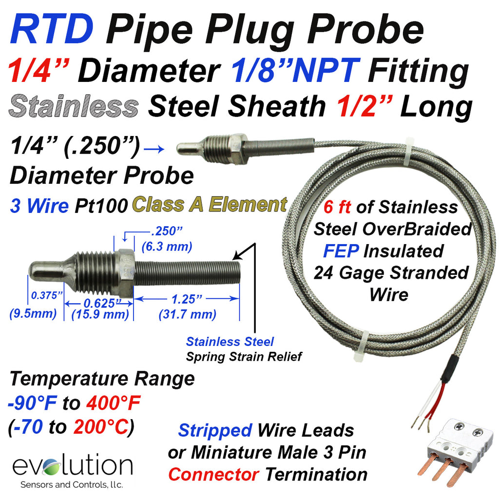 RTD Pipe Plug Probe 1/8 NPT Fitting 1/4