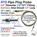 RTD Pipe Plug Probe 1/8 NPT Fitting 1/4" Probe and 6ft of Lead WIre