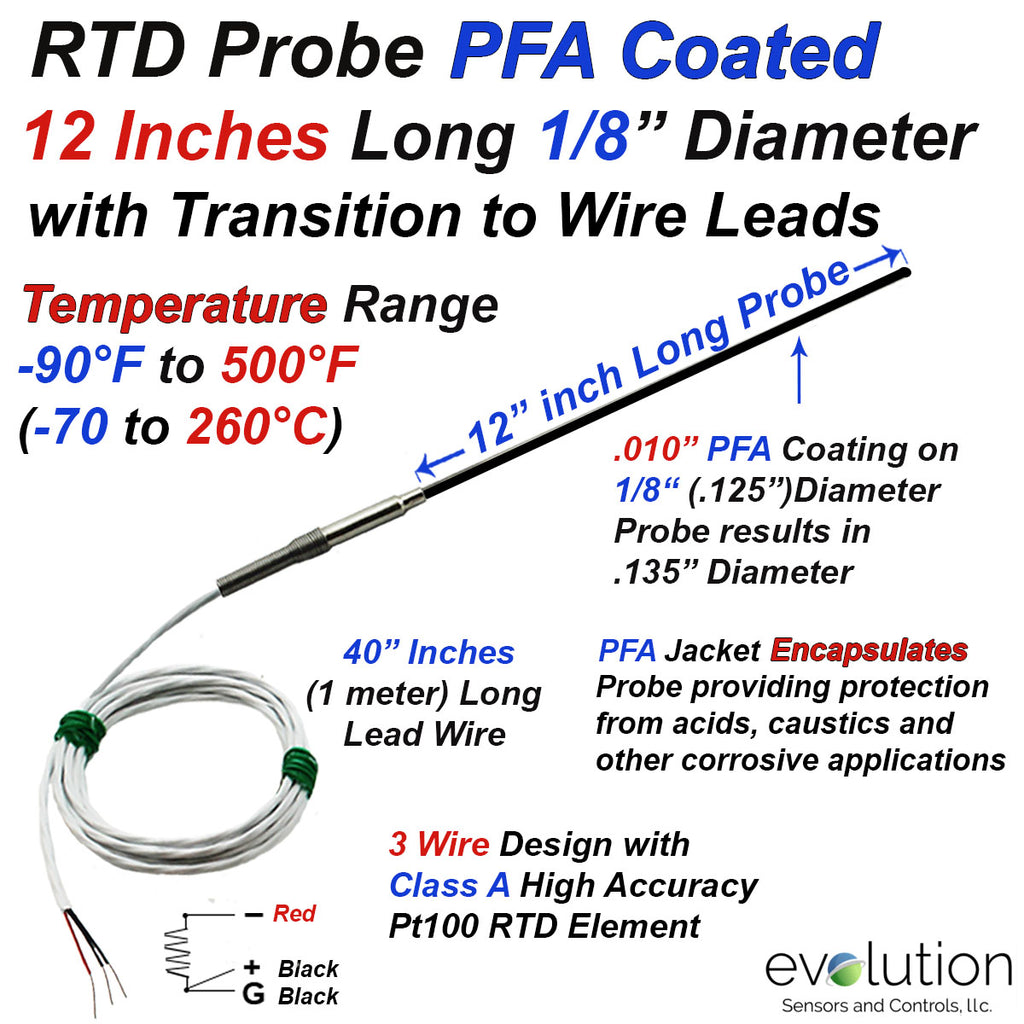 PFA Coated RTD Probe 12 Inch Long 1/8" Diameter Sheath with Lead Wire
