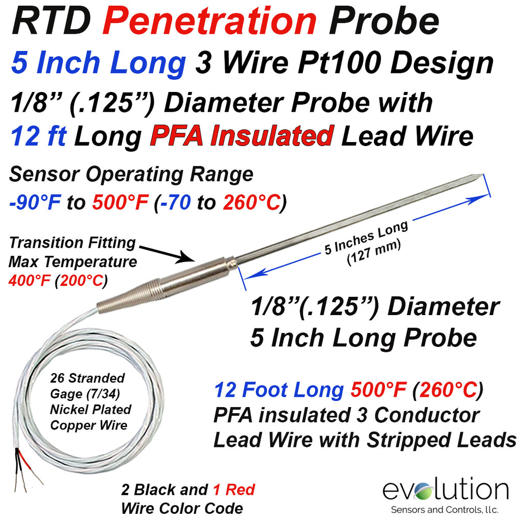 RTD Penetration Probe 1/8" Diameter 5 Inches Long with 12 ft Long Leads