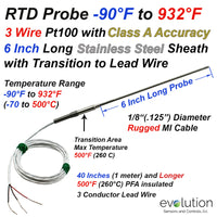 RTD Probe 6 Inch Long 1/8 Diameter MI Cable Design with Lead Wires
