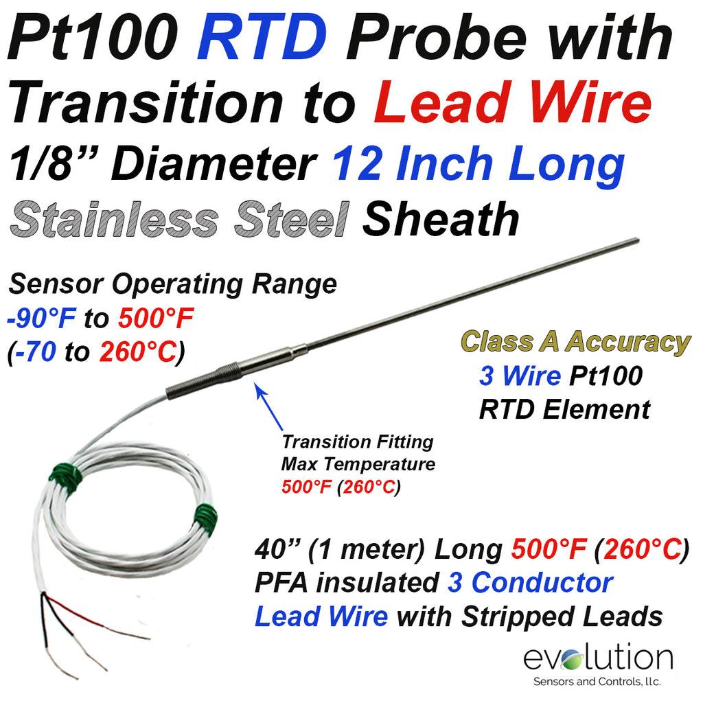 RTD Probe with Metal Transition to Lead Wire - 12" Long x 1/8" Diameter