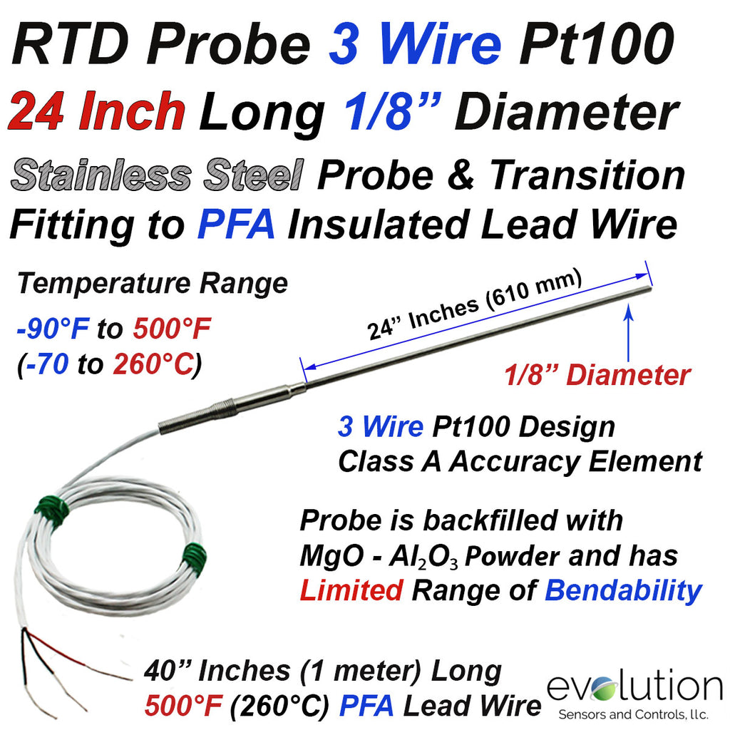 RTD with Lead Wire 24 Inches Long 1/8" Diameter Stainless Steel Probe 