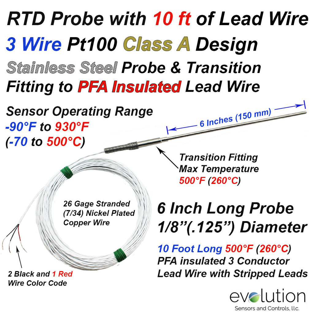RTD Probe with Metal Transition to 10 foot Long PFA lead wire - 6 Inch Long 1/8" Diameter