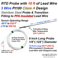 RTD Probe with Metal Transition to 10 foot Long PFA lead wire - 6 Inch Long 1/8