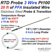 Pt100 3 Wire RTD Probe with 6 Inch Long  Sheath 20 ft Wire