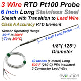 RTD Probe with Transition to Lead Wire 6 Inches Long 1/8" Diameter