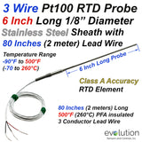 3 Wire Pt100 RTD Probe 6 Inches Long 1/8" Diameter with 80 Inch Leads