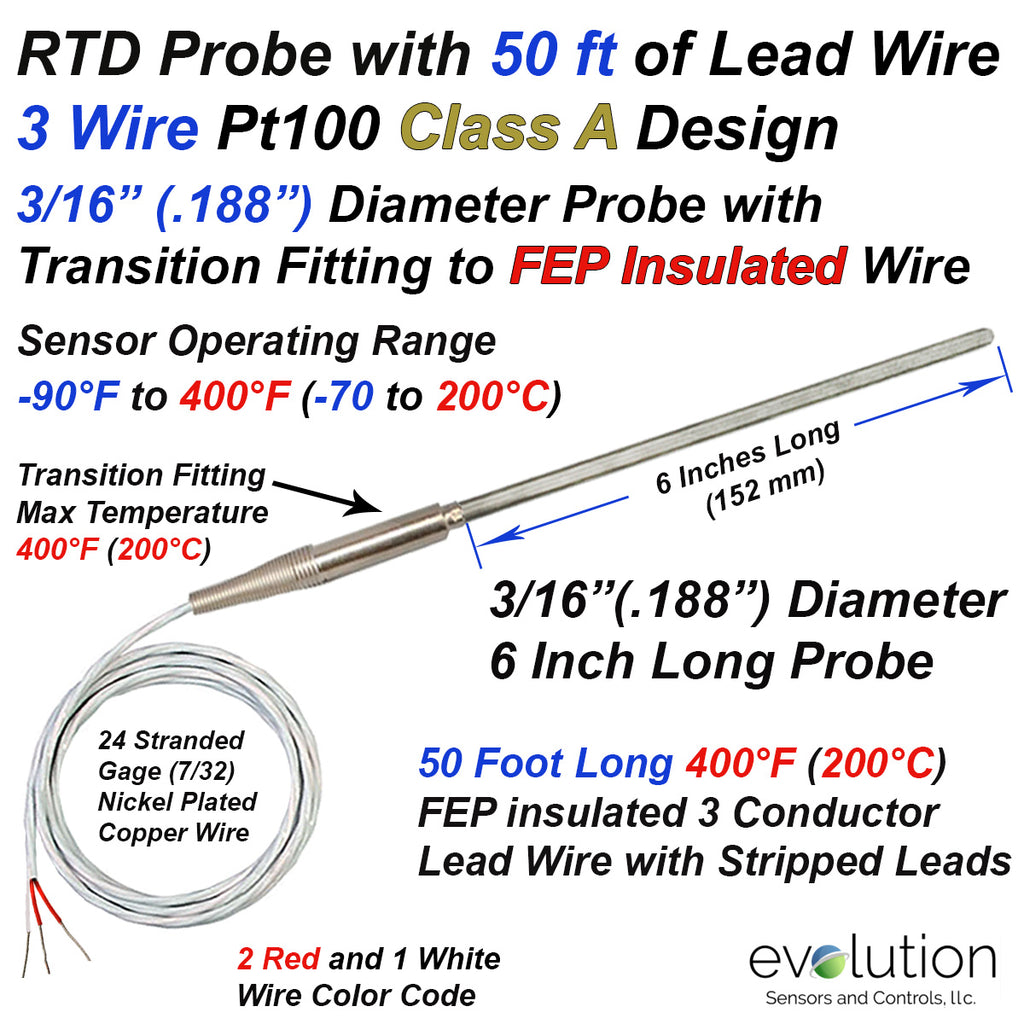RTD Probe 3/16" Diameter 6" Long with Transition to 50 ft of Lead Wire
