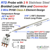 RTD Probe 3 Wire Pt100 - 3/16" Diameter 6" Long with a Transition to 2 ft Wire