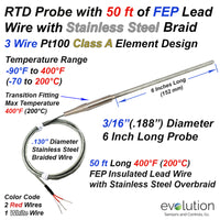 RTD Probe 6 Inch Long with 50ft of Stainless Steel Braided Lead Wire.