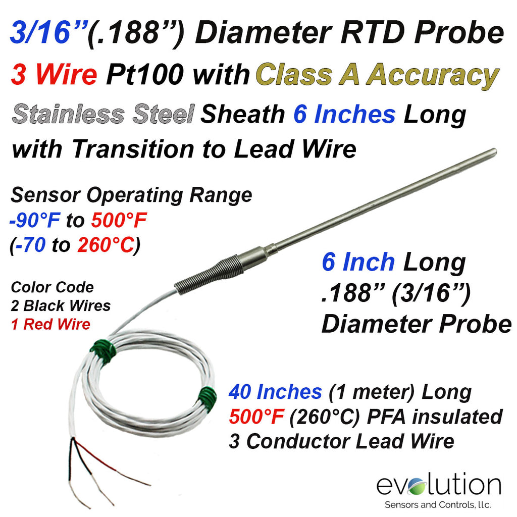 3/16" Diameter RTD Probe 6 Inches Long with Transition to Lead Wire