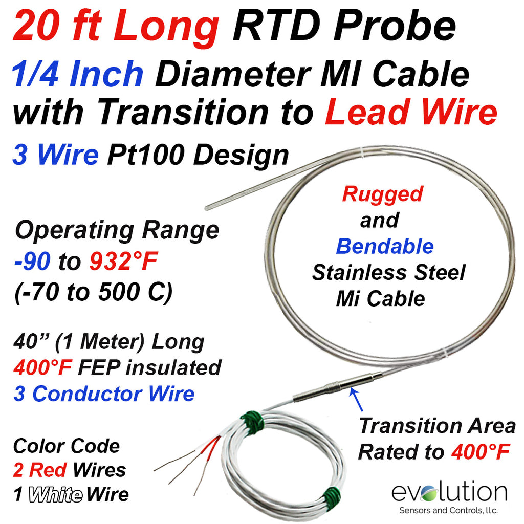 20 ft Long 3 Wire Pt100 RTD Probe with Transition to Lead Wire