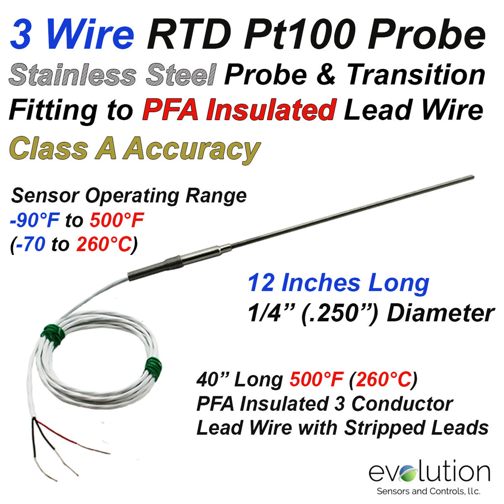 RTD Probe with Transition to Lead Wire | 12" Long x 1/4" Diameter