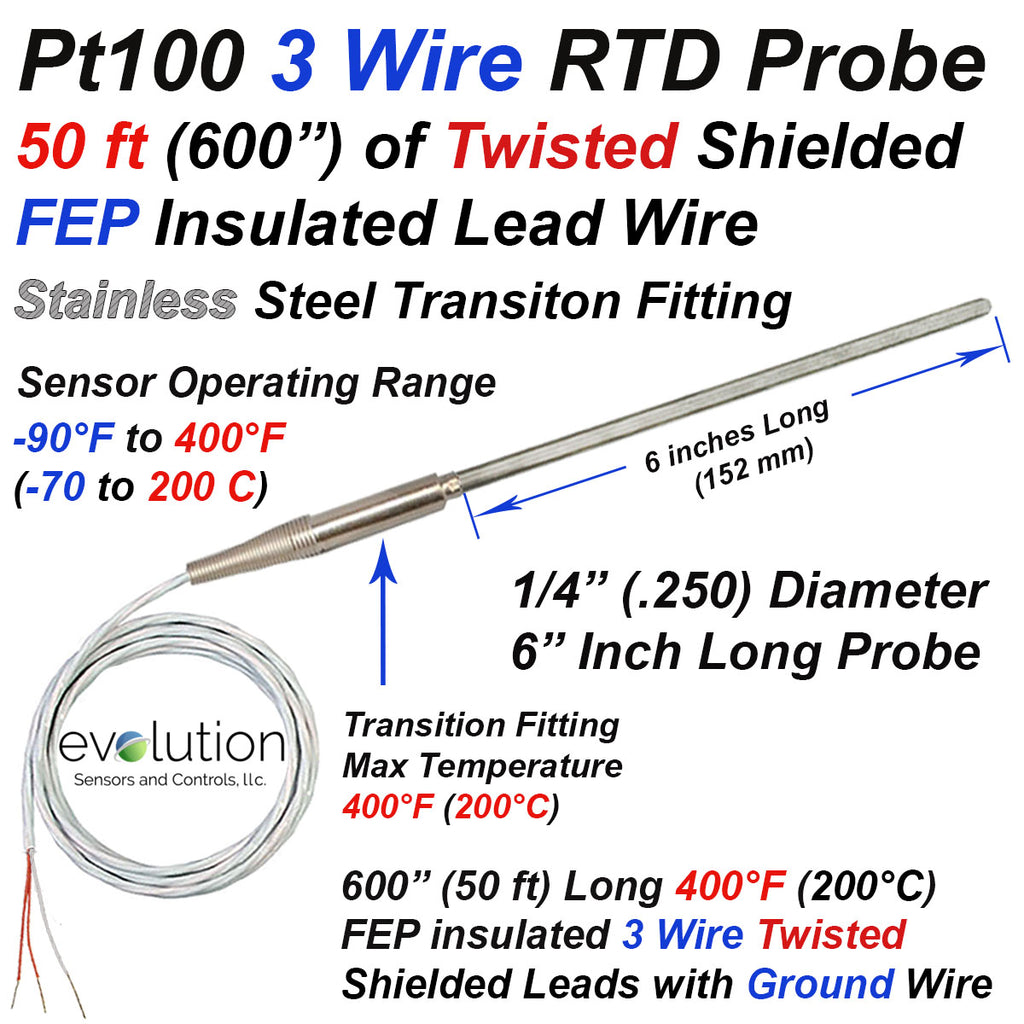 3 Wire RTD Probe with a Transition to 50ft of Twisted Shielded Leads ...