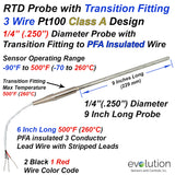 9 Inch Long 1/4" Diameter RTD Probe with Transition to Lead Wire
