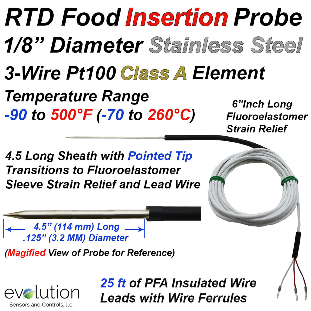 RTD Food Insertion Probe 4.5 Inches Long with 25ft of PFA Lead Wire