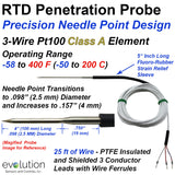 RTD Penetration Probe - Precision Needle Point Design with Transition to 25 foot Long PTFE lead wire
