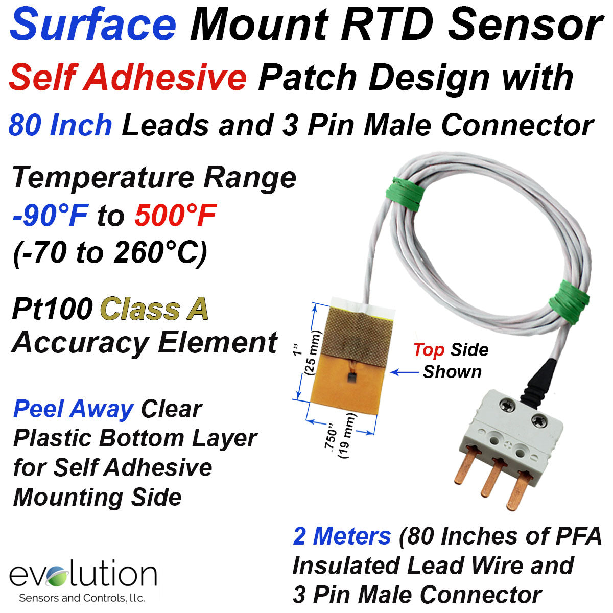 Surface Patch RTD Sensor 80 Inch Leads And Male Pin, 06/25/2024