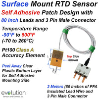 Surface Patch RTD Sensor 80 Inch Leads and Male 3 Pin Connector