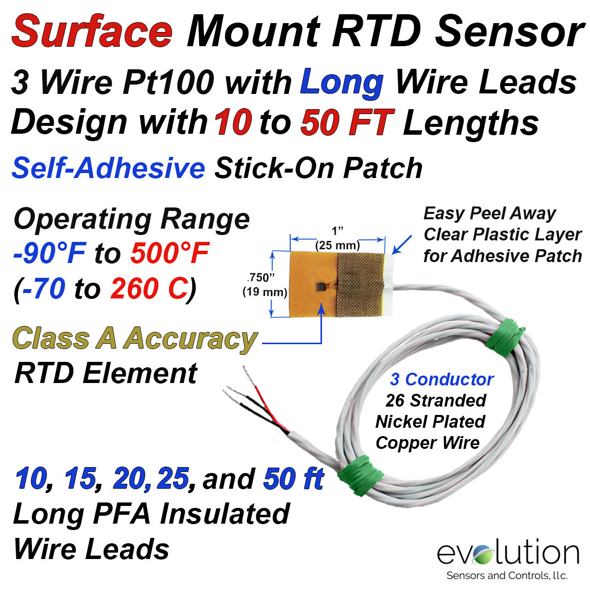 Surface Mount Stick On RTD Sensor with Long Wire Leads