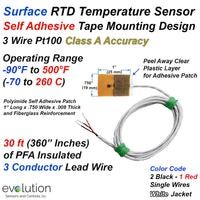 RTD Surface Temperature Sensor Self Adhesive Tape Design 30ft Lead Wire