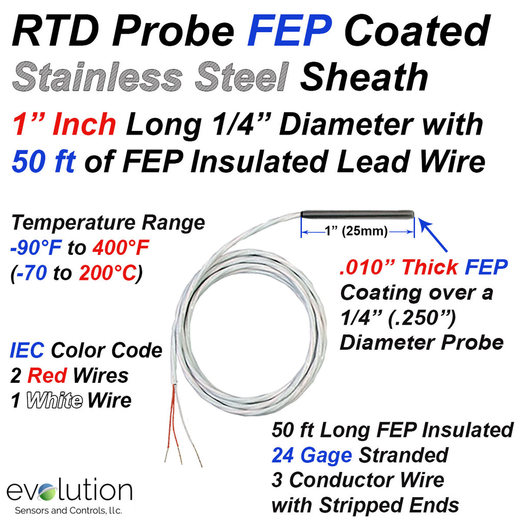 RTD Probe with FEP Coating 1 Inch Long 1/4" Diameter and 50ft Leads