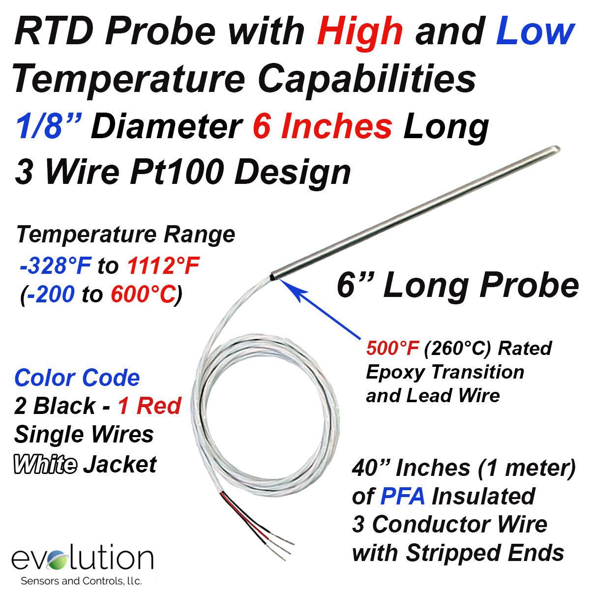 Rtd Size High and Low Temperature RTD 1/8 Diameter 6 Inches Long with Wire Leads ...