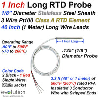 3 Wire Pt100 RTD Probe 1 Inch Long x 1/8