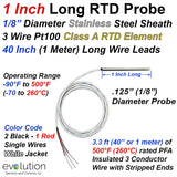 3 Wire Pt100 RTD Probe 1 Inch Long x 1/8" Diameter Stainless Steel Sheath