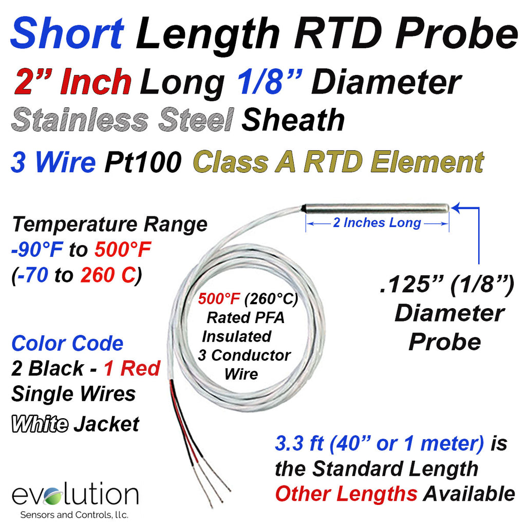 Short Length RTD Pt100 Probe -2 Inches Long 1/8" Diameter with PFA Lead Wire